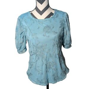 Kim & Cami Blue Floral Embroidered Mesh Overlay Blouse Puff Sleeve Top Medium